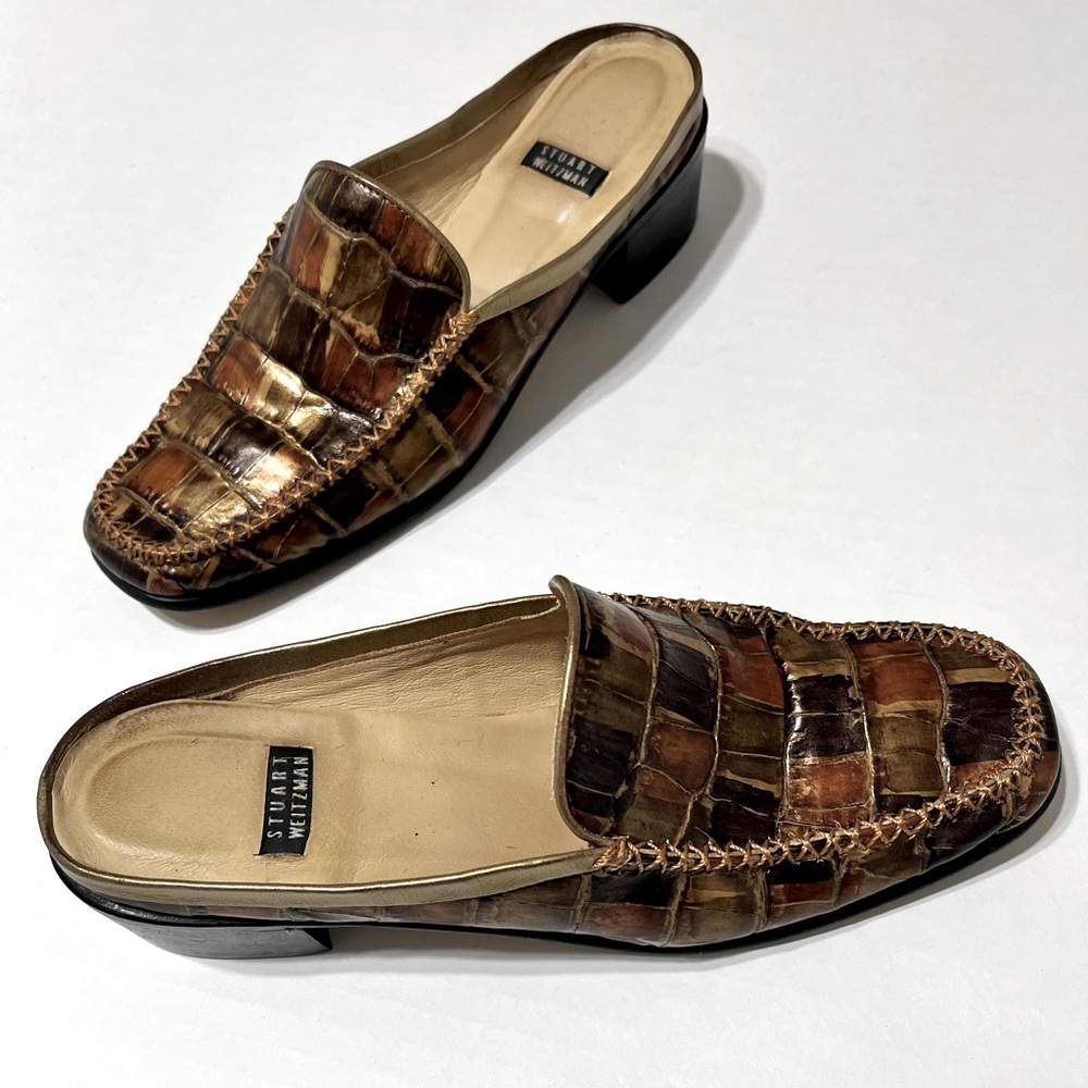 Stuart Weitzman Women’s Brown Leather Croc Embossed Slip On Mules Shoes